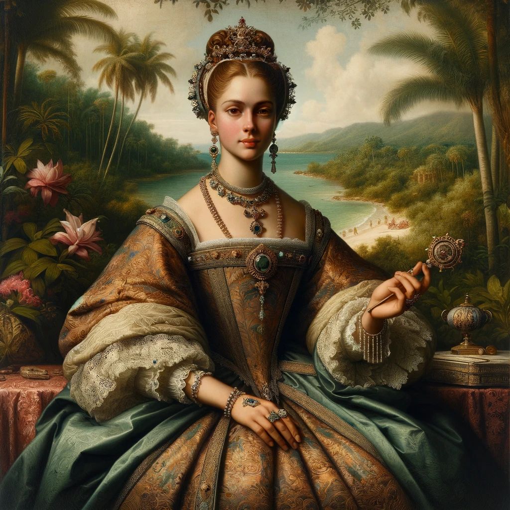 Imagen generada por inteligencia artificial ChatGPT, muestra una mujer cubana vestida a la usanza del siglo XVI, con un paisaje tropical al fondo.